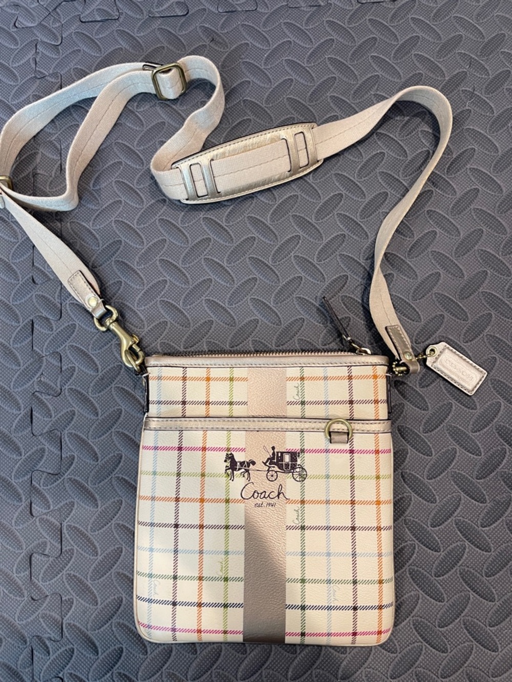 Coach Cream Plaid Crossbody Bag with Multicolor Accents